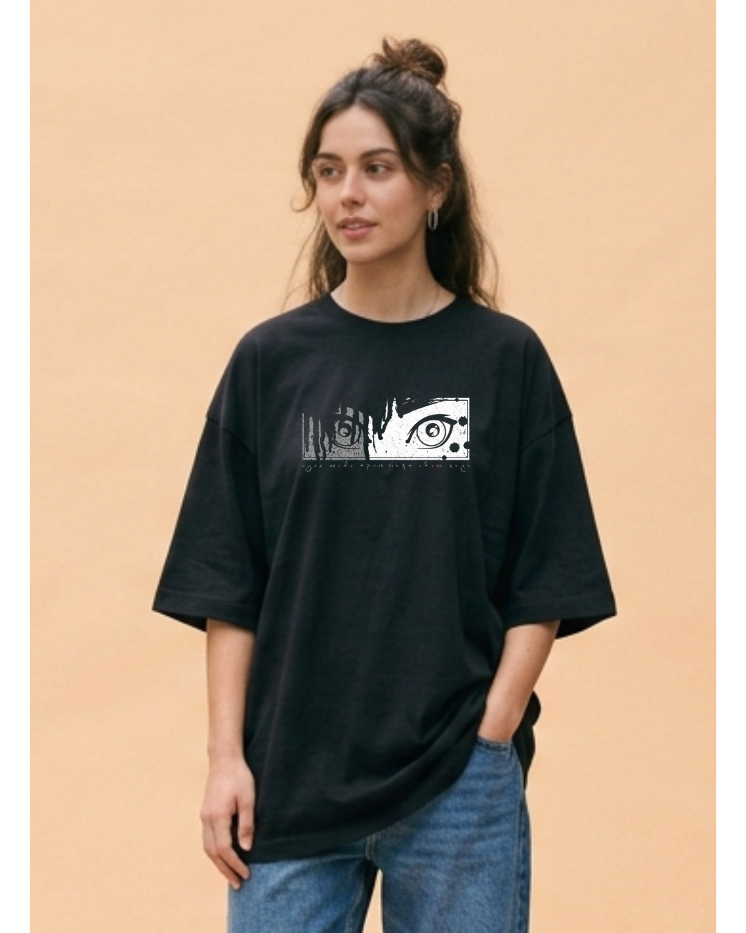 Anime Eyes Panel Graphic Black Oversized T-Shirt