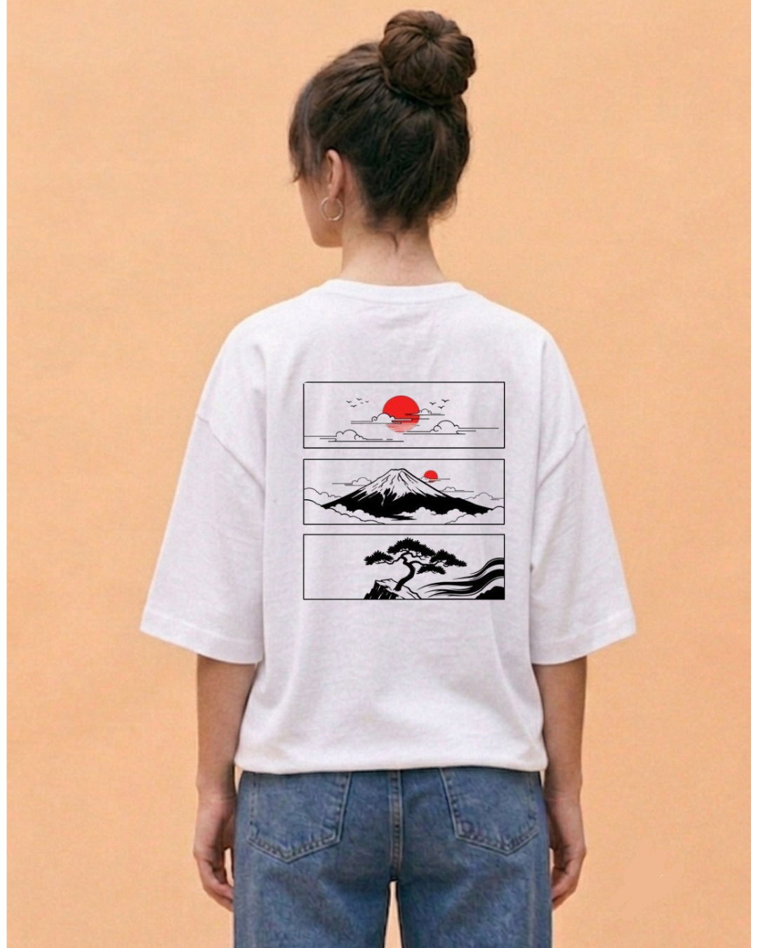 Japanese Sakura Red Sun Graphic Oversized T-Shirt