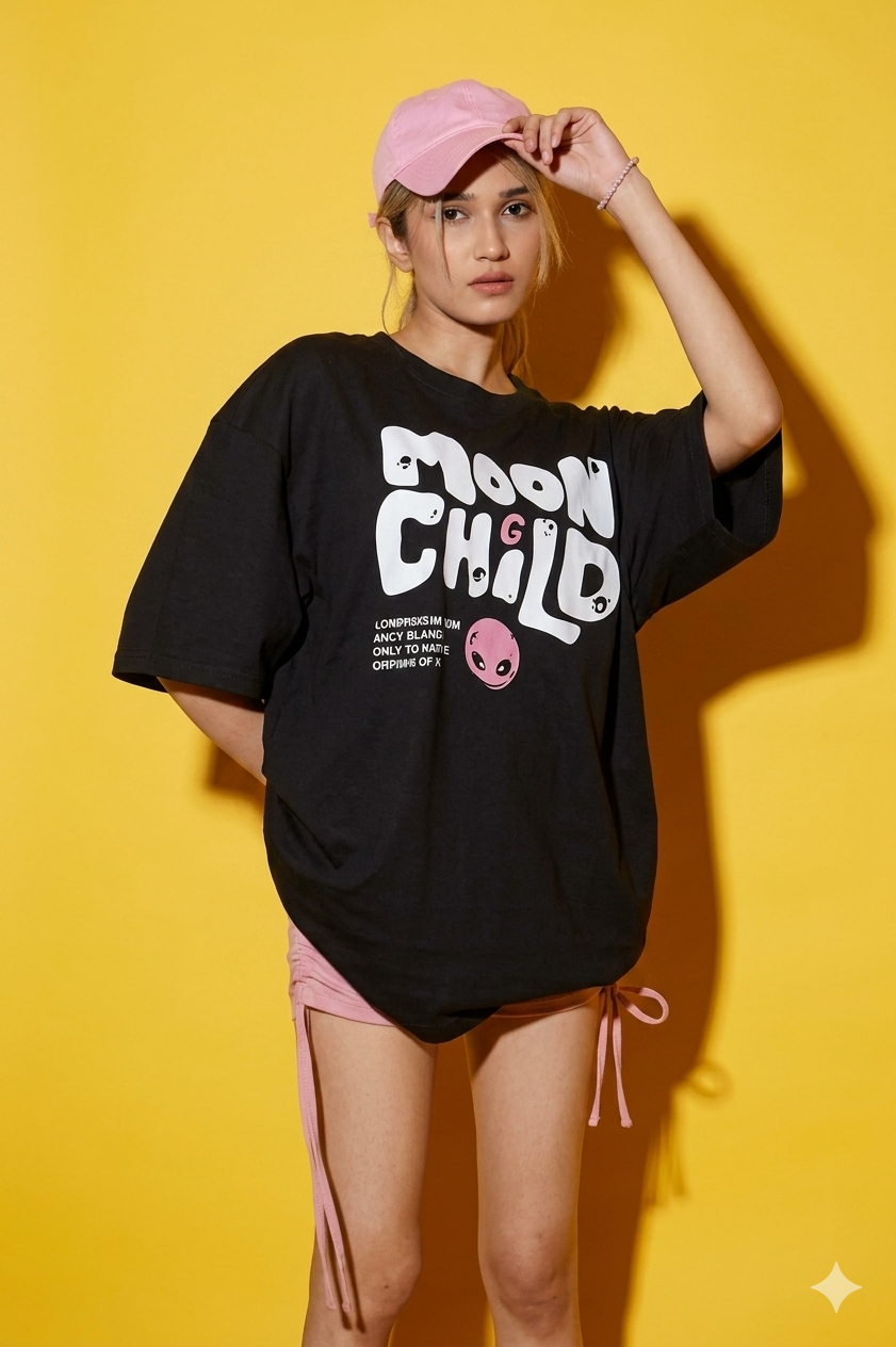 Aindri Couture Oversized T-shirt Moon child Print Black colour