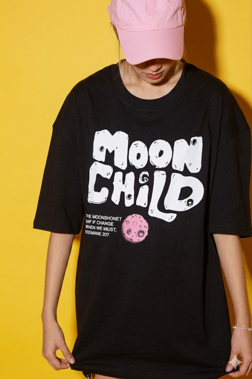 Aindri Couture Oversized T-shirt Moon child Print Black colour