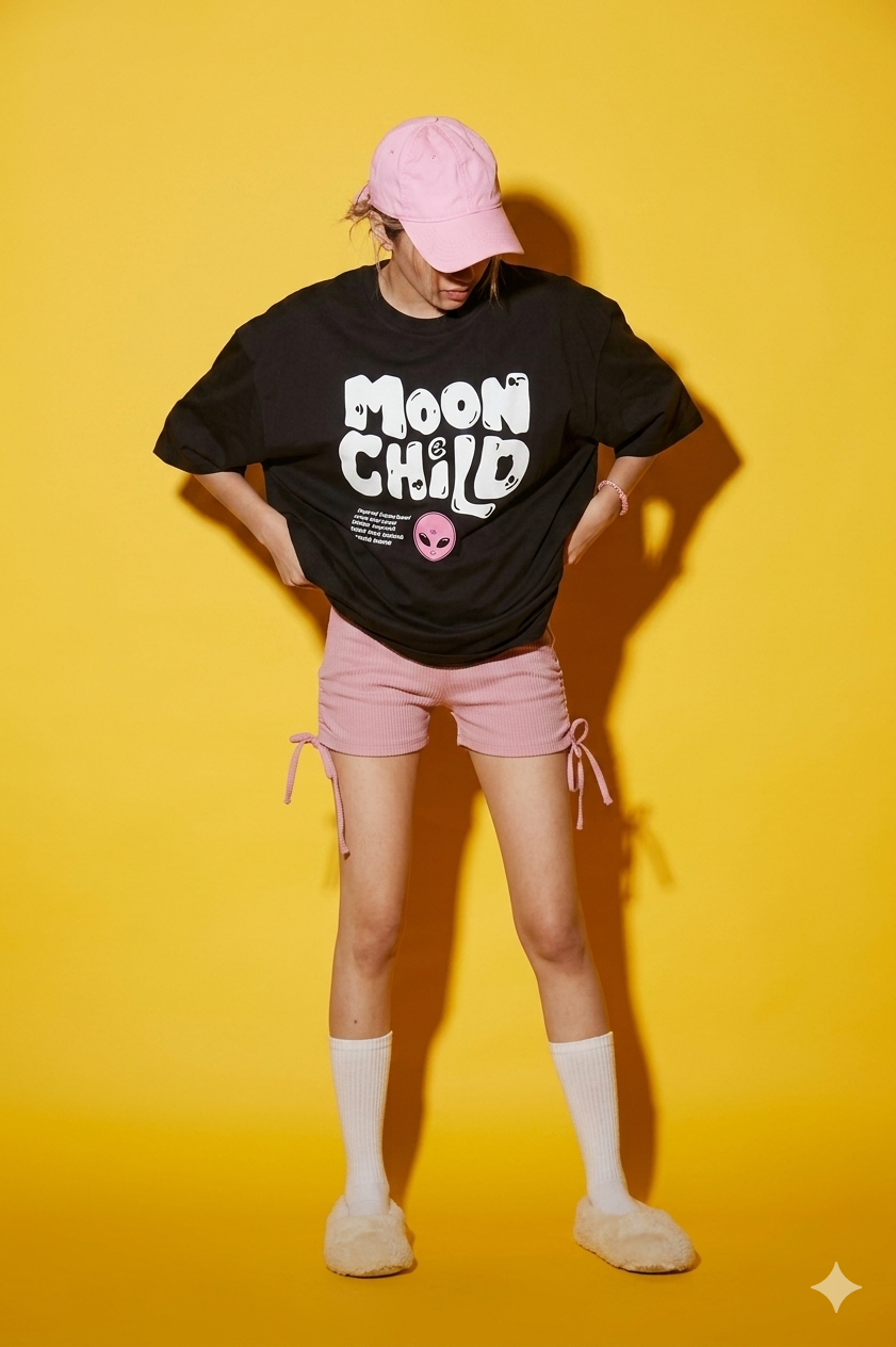Aindri Couture Oversized T-shirt Moon child Print Black colour