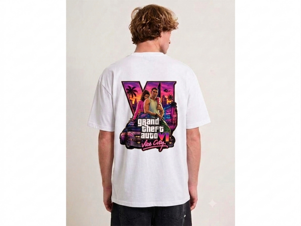 A man viewed from behind wearing a white t-shirt with a large, colorful Grand Theft Auto: Los Santos graphic printed on the back.