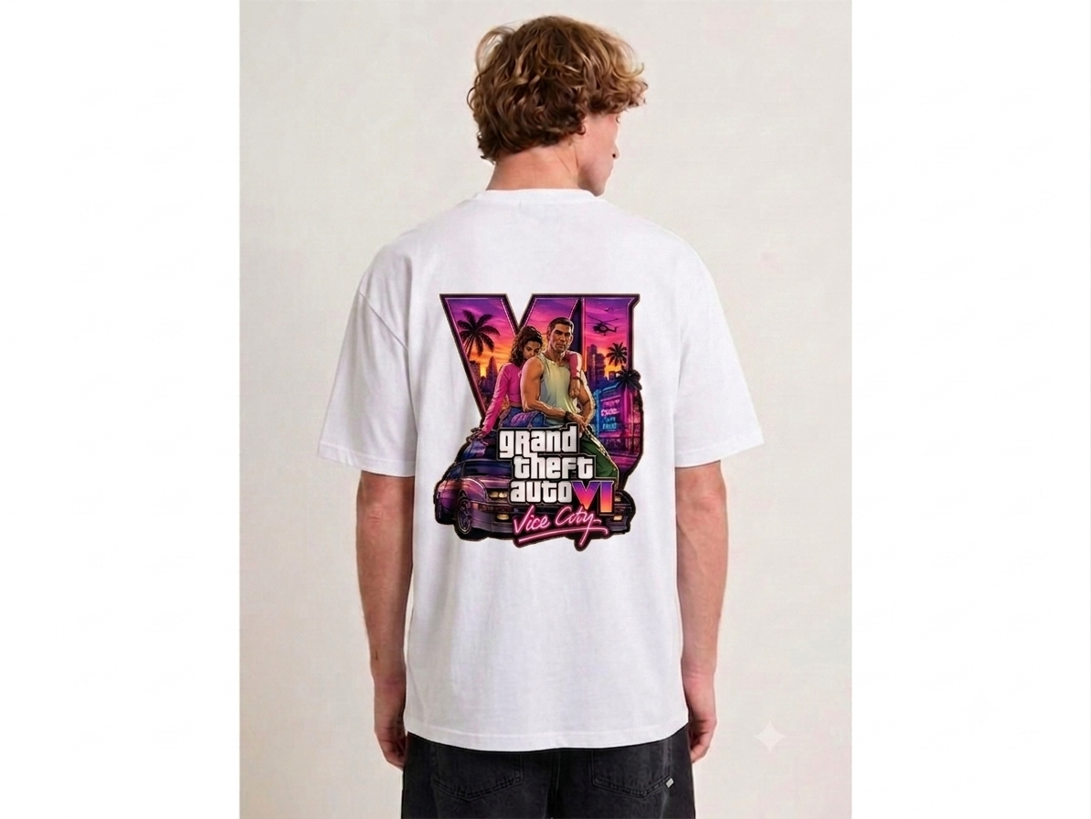 A man viewed from behind wearing a white t-shirt with a large, colorful Grand Theft Auto: Los Santos graphic printed on the back.