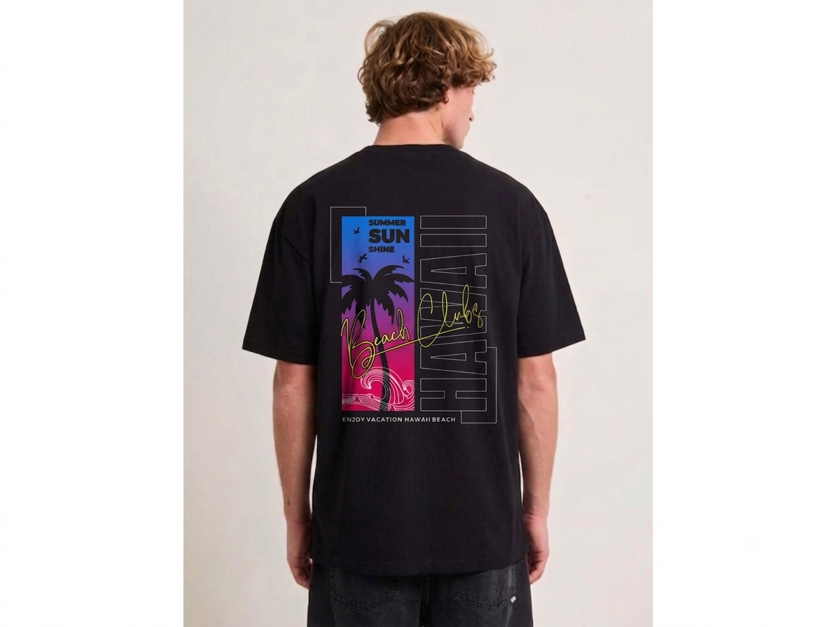 A man viewed from behind wearing a black graphic t-shirt with a colorful Hawaii-themed print on the back, set against a plain light gray background.
