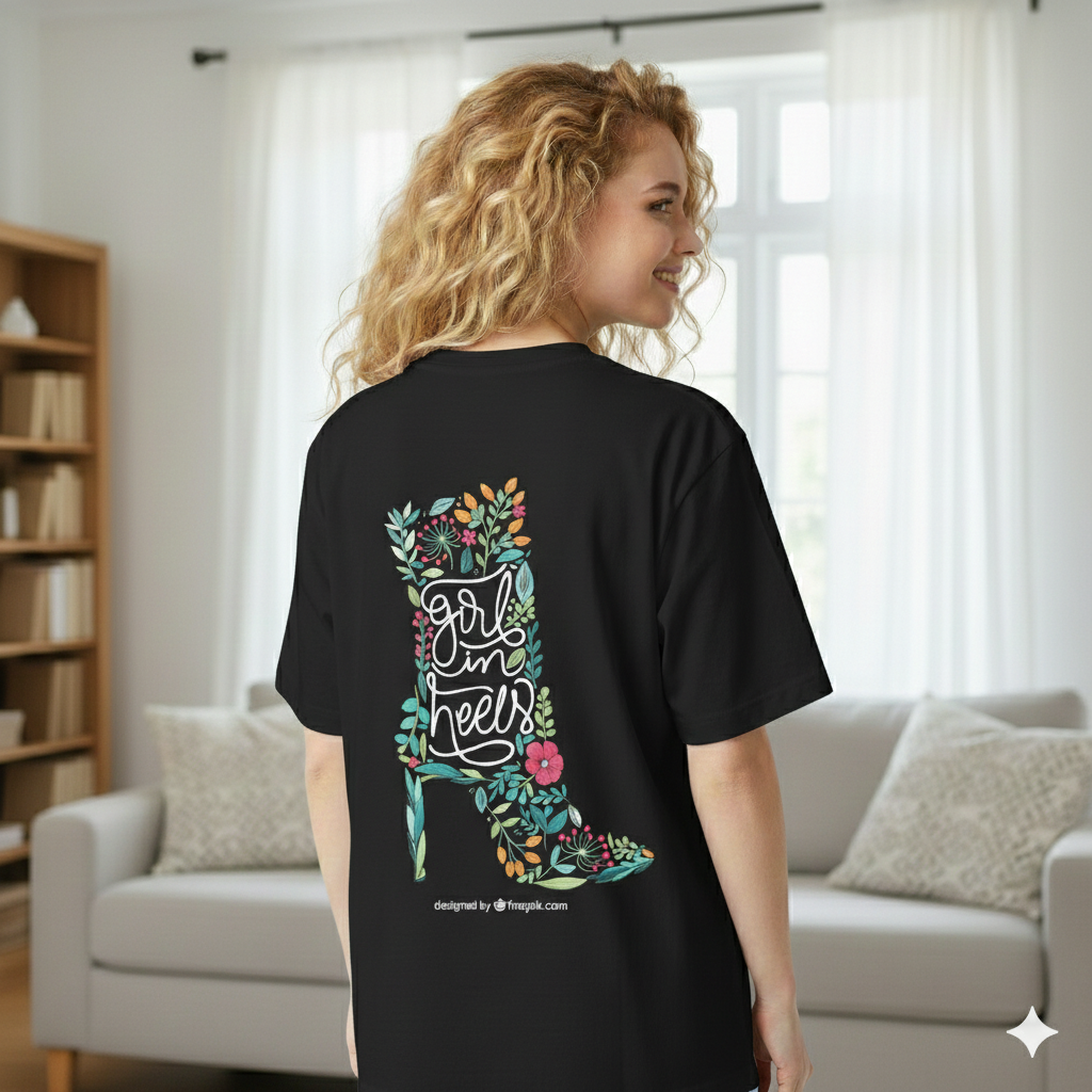 Woman wearing a black t-shirt with colorful design and text in a living room.