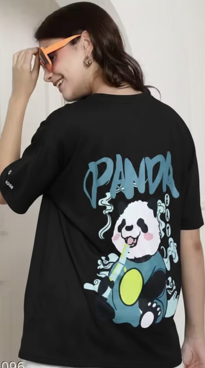 Person wearing a black t-shirt with a panda design and 'PANDA' text.