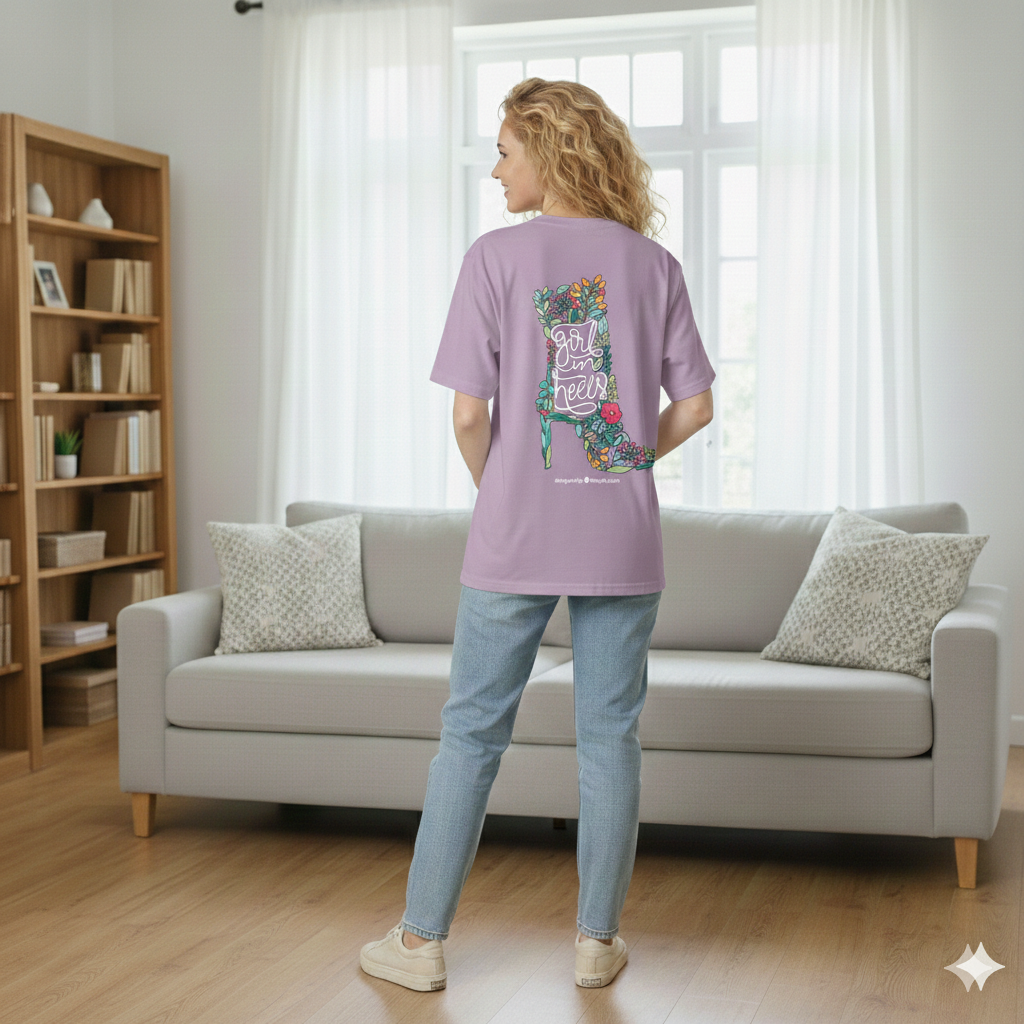 Woman wearing a purple t-shirt with floral design and text in a living room.