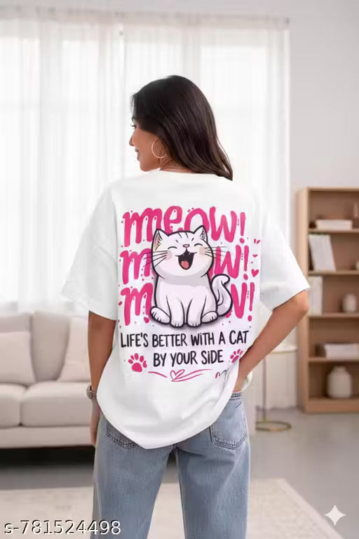 meow print oversized t-shirt for womens