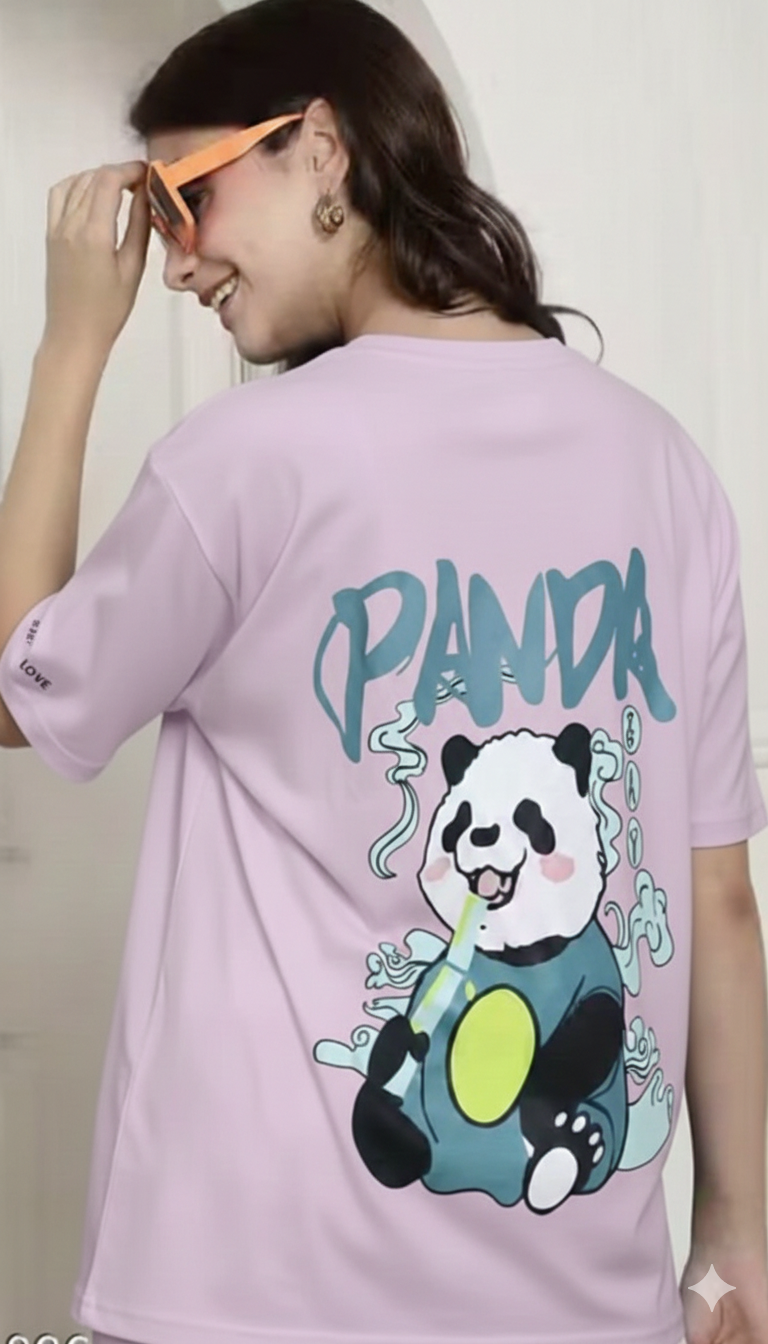 Person wearing a light purple t-shirt with a panda graphic and 'PANDA' text.