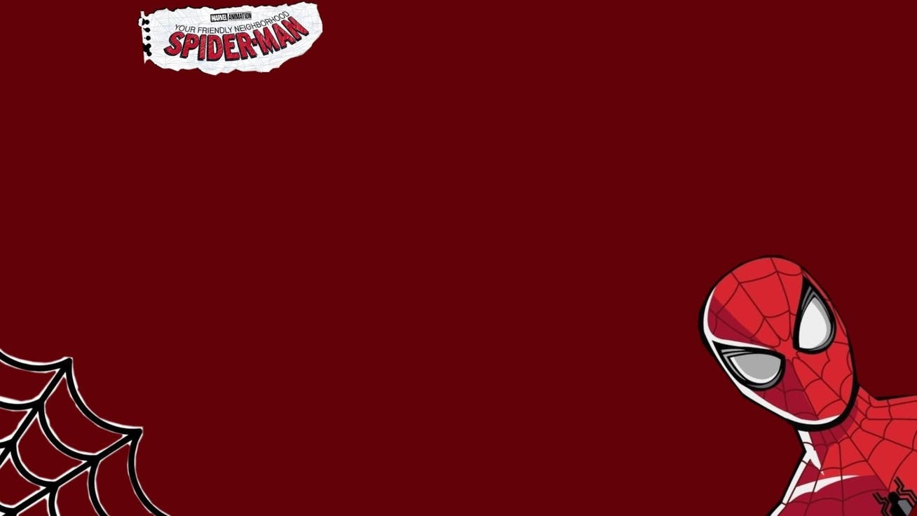 A red Spider-Man themed graphic background with the Spider-Man logo in the top-left corner, a partial spiderweb motif in the bottom-left, and the Spider-Man mask and upper torso in the bottom-right.