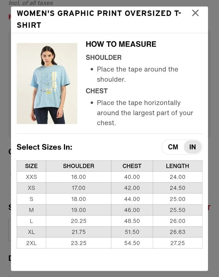 Measurement guide for women's graphic print oversized t-shirt with size chart
