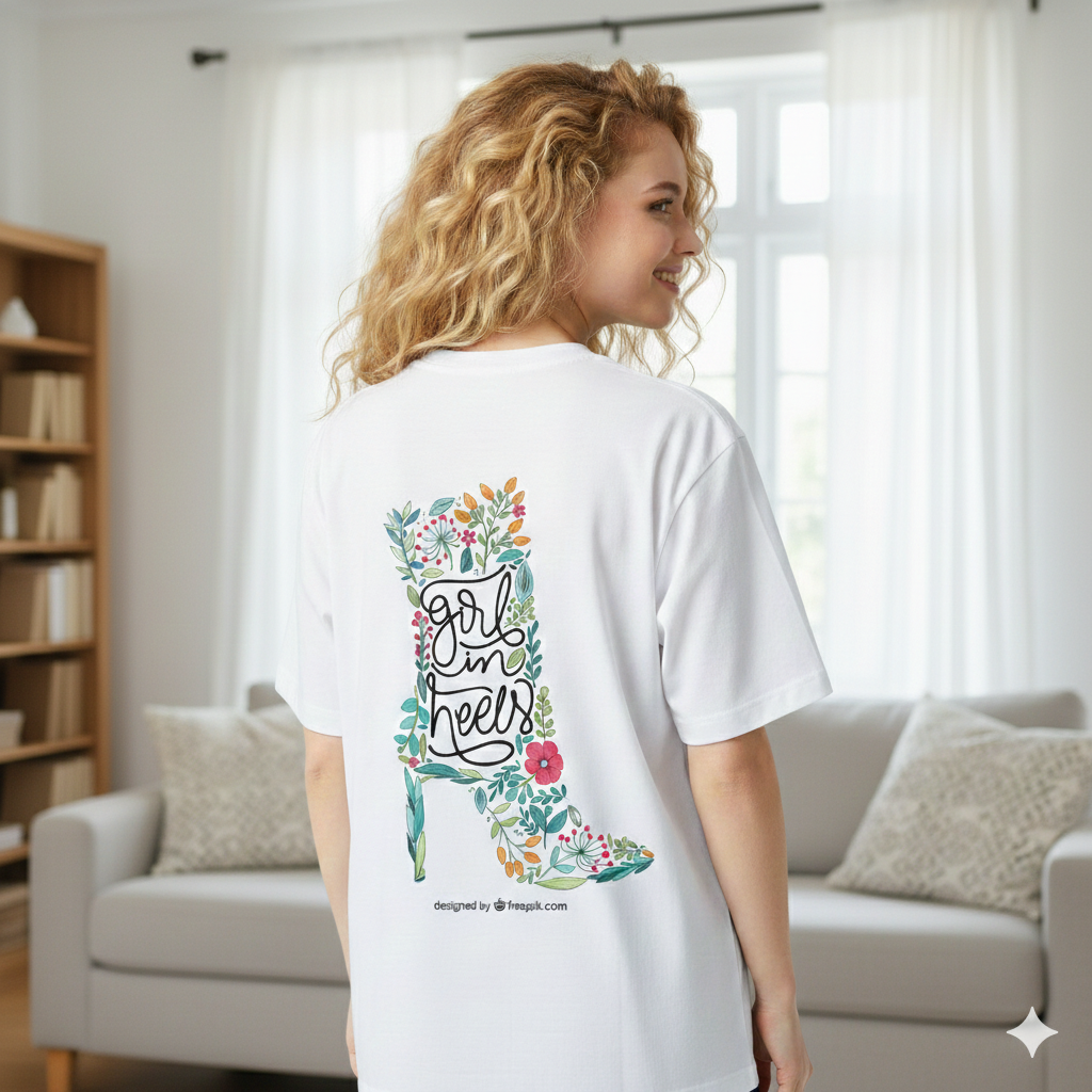Woman wearing a white t-shirt with floral design and text in a living room.